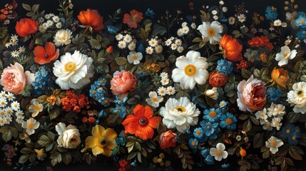   A painting of a bouquet of flowers, with leaves and additional blooms on the lateral sides, and none at the back
