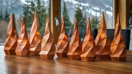   A collection of wooden sculptures atop a wooden table, beside a window overlooking snow-covered mountains