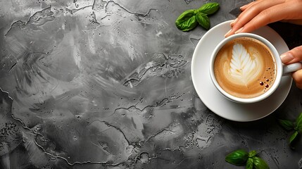   A saucer holds a cup of cappuccino, its foam crowned by a delicate leaf drawing - obrazy, fototapety, plakaty