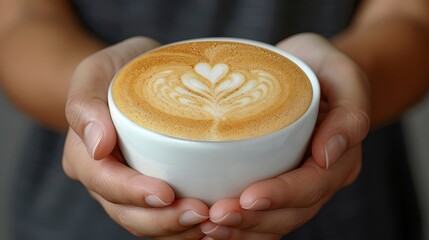   A person holds a steaming mug of coffee, its foam shaped into a heart design with a red love symbol in the center