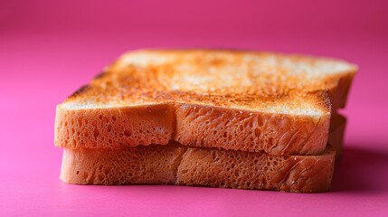  A close-up of a slice of bread against a pink background