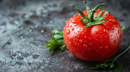   A tight shot of a ripe tomato on a table, adorned with water droplets and a verdant leaf atop