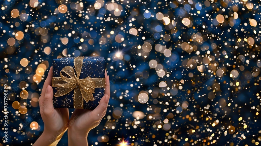 Canvas Prints   A woman's hand cradles a blue gift box, adorned with a golden ribbon and a neatly tied bow atop