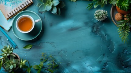   A cup of tea on a saucer, next to a notebook Succulents arranged on a blue surface - obrazy, fototapety, plakaty