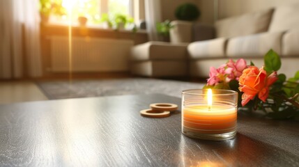   A candle atop a wooden table, nearby, a vase holding flowers Both objects reside on separate wooden tables - obrazy, fototapety, plakaty