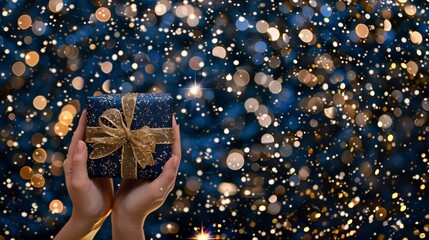   A woman's hand cradles a blue gift box, adorned with a golden ribbon and a neatly tied bow atop