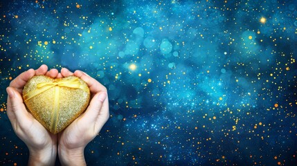   Hands holding a slice of bread against a backdrop of blue and yellow, adorned with golden speckles