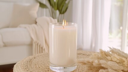 Fototapeta na wymiar A white candle atop a table, nearby a vase with a plant and a white couch in the background