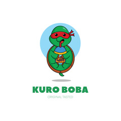 cute turtle mascot logo design cartoon drinking boba illustration concept animal icon flat style