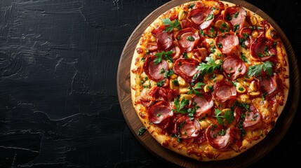  A pizza with pepperoni and various toppings on a wooden platter against a black backdrop - obrazy, fototapety, plakaty