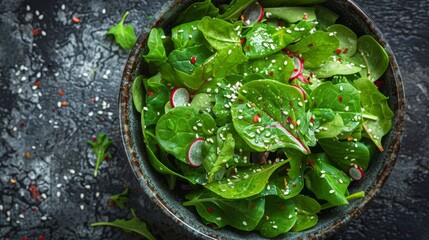   A black surface holds a bowl of green salad topped with radishes and a sprinkle of seasonings - obrazy, fototapety, plakaty