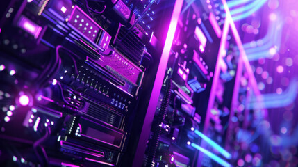 Obraz premium A high-tech data center glows with purple and blue lights, with rows of computer chips in the background, illustrating an advanced cyber space.