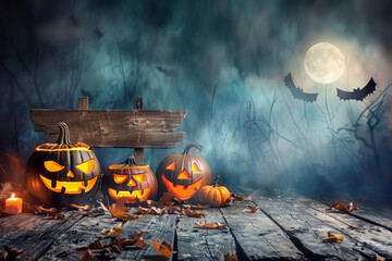 A Halloween backdrop features a wooden board sign and pumpkins on the floor, setting a spooky night scene for decoration. - obrazy, fototapety, plakaty