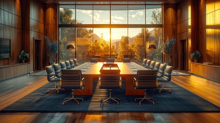   A conference room featuring a sizable table and chairs aligned before a generously-sized window overlooking mountain vistas