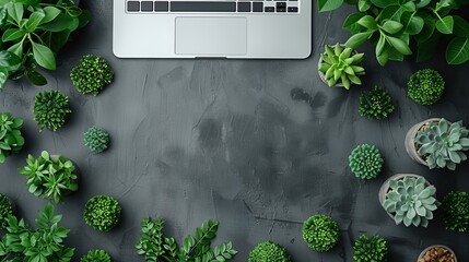   A laptop on a table, surrounded by green plants and succulents