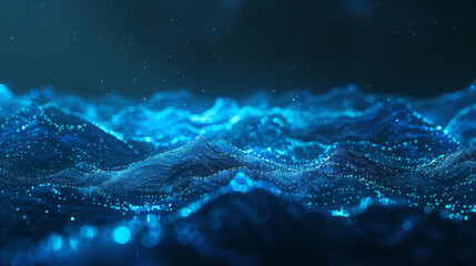 Glowing blue particles form an abstract mountain range in a digital landscape, symbolizing the vastness and depth of data against a dark background with subtle light effects. - obrazy, fototapety, plakaty