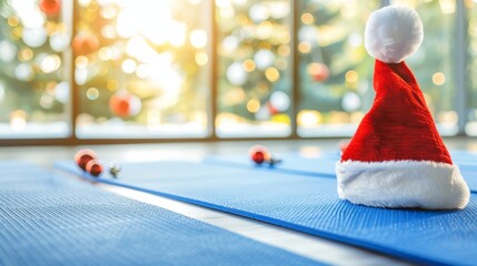   A Santa hat atop a mat, situated in front of a large window, on a blue mat below