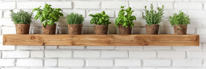 A white brick wall serves as the backdrop for a wooden shelf holding potted herbs, contributing to an organic and natural aesthetic for home decor or garden-themed designs.