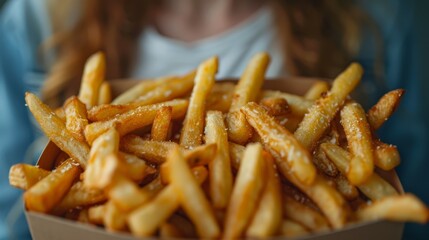   A tight shot of a box of French fries against a blurred backdrop of a woman in the distance