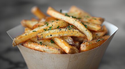   A tight shot of French fries in a basket, garnished with parsley atop and sprinkled with seasoning