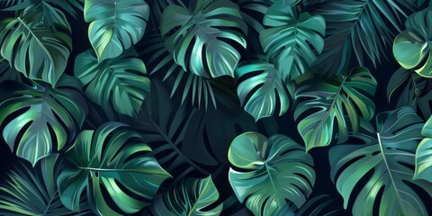 Green monstera leaves on a dark backdrop form a calming wallpaper illustration.