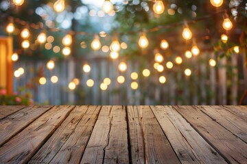 An empty wooden tabletop with a blurred background of string lights and a wood fence.