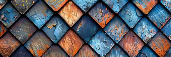 A colorful abstract background mimics shingled roof tiles with different shades of blue, brown, and orange. - obrazy, fototapety, plakaty