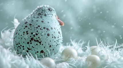   A close-up of an egg with a bird's head emerging, encircled by feathers and nearby eggs