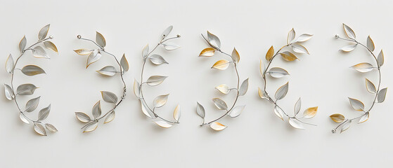 three metal leaves are arranged in a row on a white surface