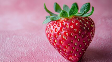   A tight shot of a strawberry, its green leaf peeking out atop, against a pink backdrop and resting on a pink surface