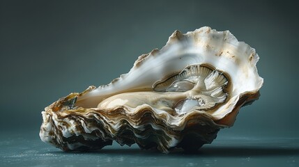   A tight shot of a seashell against a blue backdrop, adorned with water droplets at its base and underside - obrazy, fototapety, plakaty