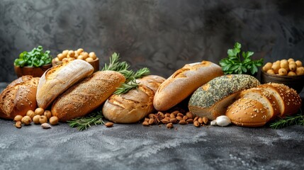   A group of breads sits on a table, accompanied by a bowl of chickpeas
