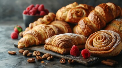  A mound of croissants, raspberries, almonds, and a separate bowl of fresh raspberries - obrazy, fototapety, plakaty