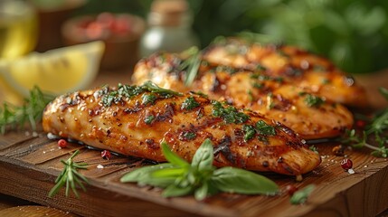   A tight shot of two grilled chicken breasts on a cutting board Herbs and lemons lie in the backdrop