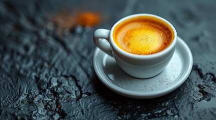   A cup of coffee on a white saucer atop a table