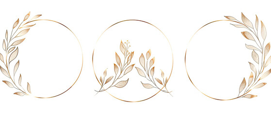 three oval gold frames with leaves and branches on a white background - obrazy, fototapety, plakaty