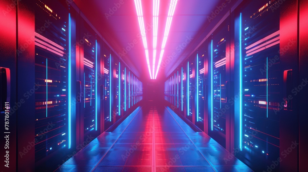Poster data center full of computers ,high internet visualization.