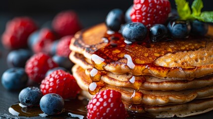  A stack of pancakes with blueberries, raspberries, and syrup on a black surface Nearby, a mound of separate blueberries and raspberries