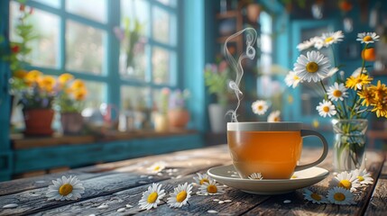   A cup of tea on a wooden table, next to a vase of daisies - obrazy, fototapety, plakaty