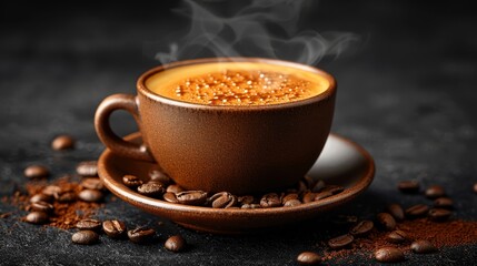 Obraz na płótnie Canvas A steaming cup of coffee on a saucer, encircled by coffee beans and a dusting of cinnamon