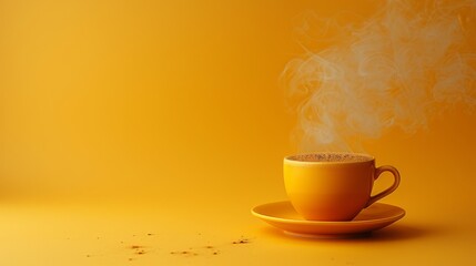   A yellow backdrop bears a saucer holding a steaming hot coffee cup