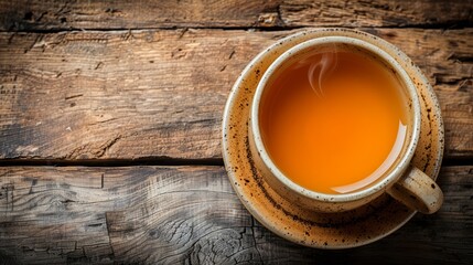   Two cups of tea on separate wooden tables - obrazy, fototapety, plakaty