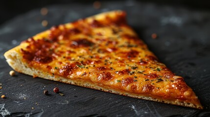   A slice of cheese pizza atop a dark backdrop, bite marked