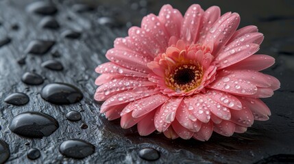   A pink flower atop a black backdrop, adorned with water droplets on both the surface and its petals