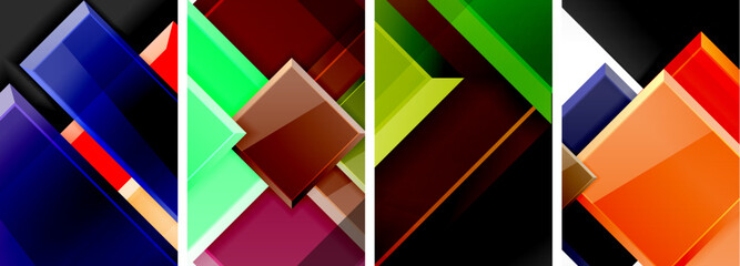A set of four rectangles and triangles in various tints and shades of magenta and brick create a pattern on a white background, resembling wood art