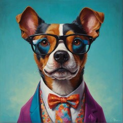 Clever dog in stylish glasses and trendy suit exudes humor and charm, celebrating playful spirit.