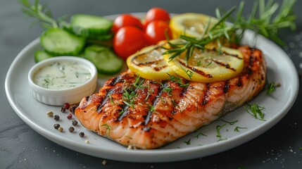  A white plate holds a salmon fillet, cucumber slices adjacent, and a small bowl of ranch dressing