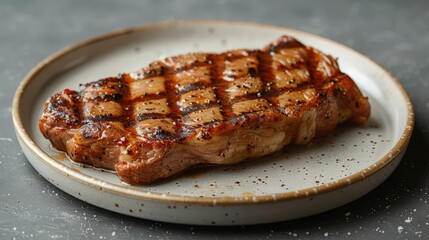   A slice of meat on a pristine white plate, atop a gray counter, nearby lies a knife and fork