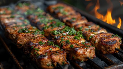   A tight shot of sizzling meat on a grill, crowned with an abundance of vegetables Fire flickers in the background - obrazy, fototapety, plakaty