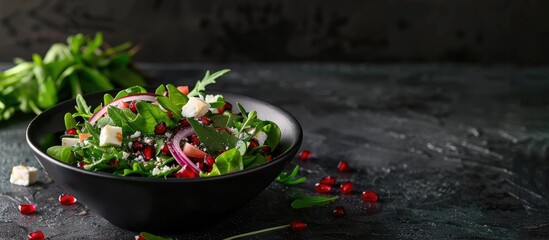 A black bowl on a chalkboard background filled with a refreshing spring salad comprising rucola, feta cheese, red onion, and pomegranate seeds, with available space for text.